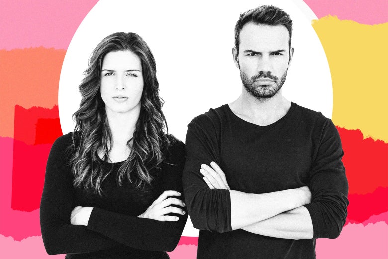 A couple stands stoically with their arms crossed.